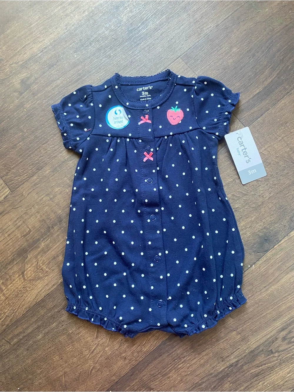 Carter's Navy Polka Dot Infant Bubble Romper with Strawberry Accent